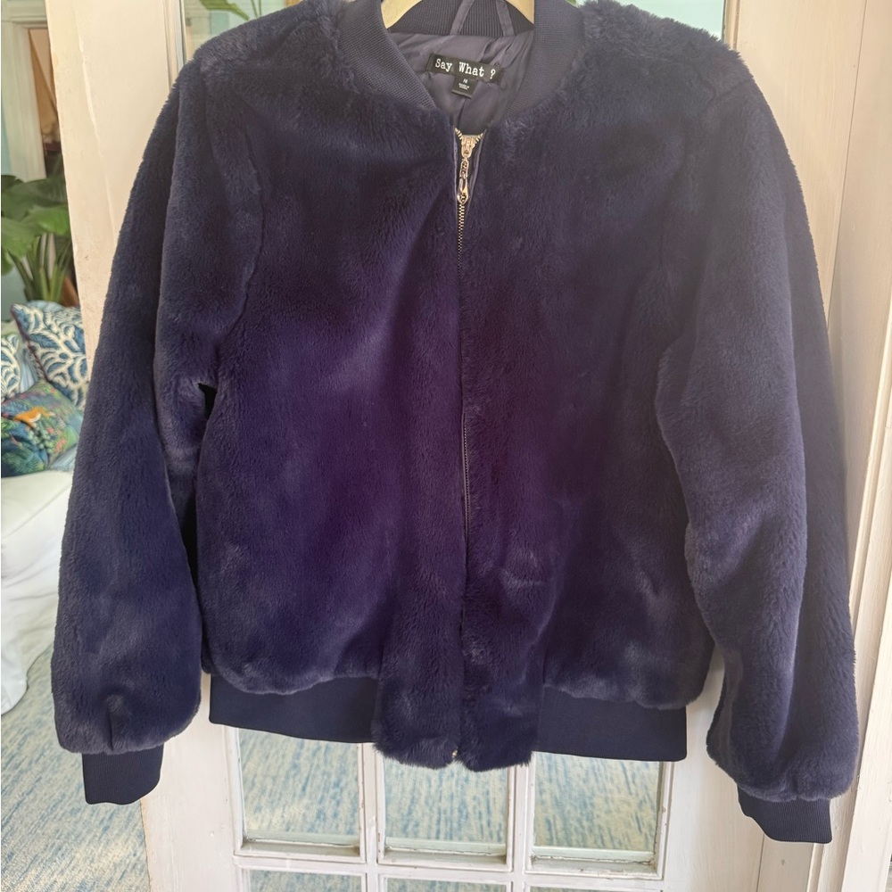 Blue fur bomber jacket